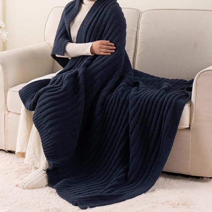 BATTILO Navy Blue Throw Blanket for Couch, Fluffy Cozy Knit Throws for All Season, Soft Warm Lightweight Blanket for Bed, Sofa, Home Decor, 50"x60"