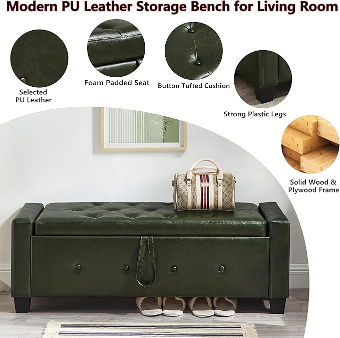 48" PU Leather Storage Ottoman Bench for Bedroom Bed End,Tufted Faux Leather Ottomans with Storage for Living Room,Bedside,Entryway,Modern Window Benches with Seating (PU Green, 48")