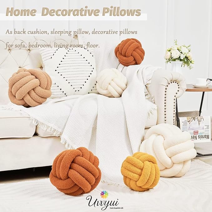 Uvvyui Knot Pillow Ball, Soft Home Decorative Pillows, Round Throw Pillow, Handmade Knotted Plush Pillow, Round Boucle Pillow Cushion (14 Inches Sage Green)