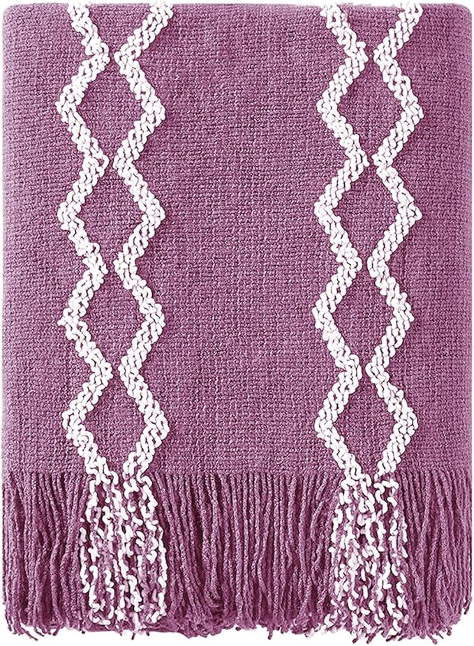 BOURINA Fluffy Chenille Knitted Fringe Throw Blanket Lightweight Soft Cozy for Bed Sofa Chair Throw Blankets, Deep Purple 60"x80"
