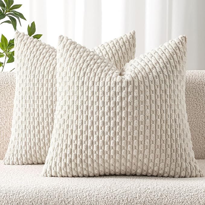 MIULEE Pack of 2 Decorative Throw Pillow Covers 26x26 Inch Soft Boho Striped Textured Corduroy Pillow Covers Modern Farmhouse Home Decor for Couch Bed Sofa Living Room Cream White