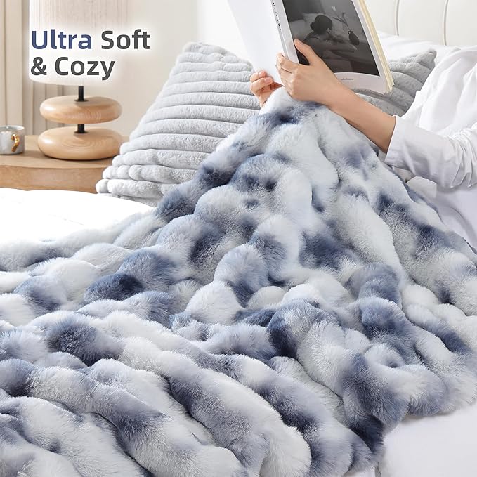 Smoofy Faux Fur Throw Blanket for Couch Rabbit Fleece - Tie-dye Blue Fluffy Blanket for Sofa Bedroom Living Room, Cozy Soft Plush Luxury Thick Winter Fuzzy Comfy Bubble Blanket - 60" x 80"