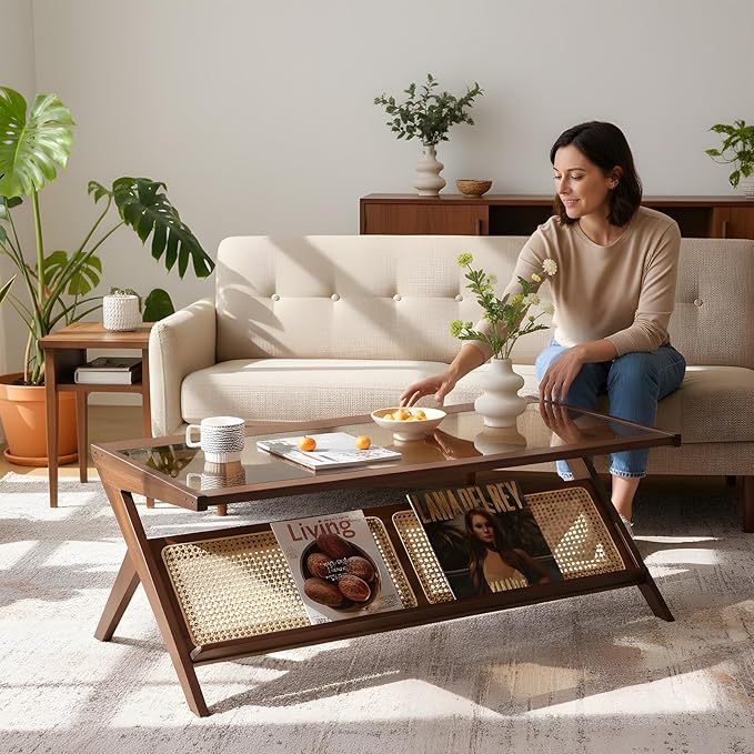 Tiita Rattan Coffee Table, Bamboo Accent Bedside Tables, Glass Nightstand Side Table, Boho Wooden End Table with Storage for Living Room,Living Room, Dining Room, Tea, Home Décor
