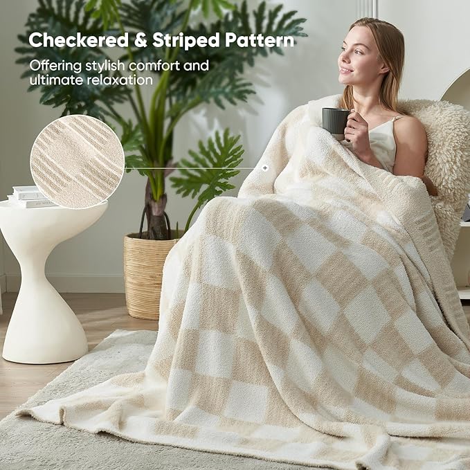 Snuggle Sac Cream Checkered Throw Blanket,Fluffy Faux Fur Reversible Soft Microfiber Warm Throw Blankets for Couch, Sofa,Travel,Cute Lightweight Striped Throws for Women, Heather Cream, 50x60 inches