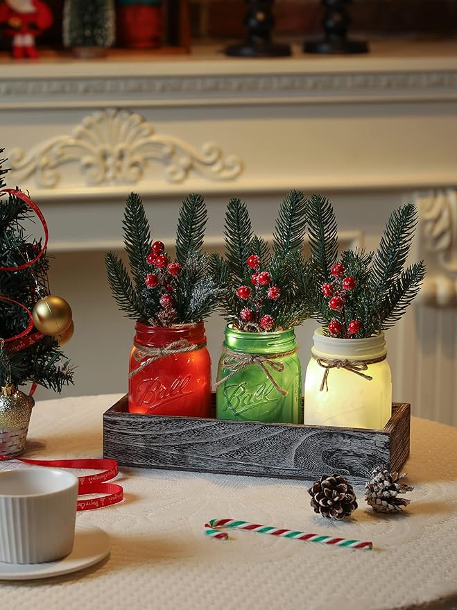 Christmas Mason Jars, Christmas Centerpiece for Table, Set of 3 Colorful Mason Jars with Lights & Artificial Plants, Kitchen Xmas Dining Table Decoration, Winter Home Decor