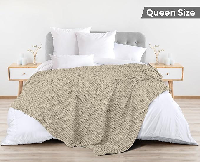 Utopia Bedding Khaki 100% Cotton Waffle Blanket 300 GSM [Queen - 90x90 Inch] Soft Lightweight Breathable Bed Blanket for All Season