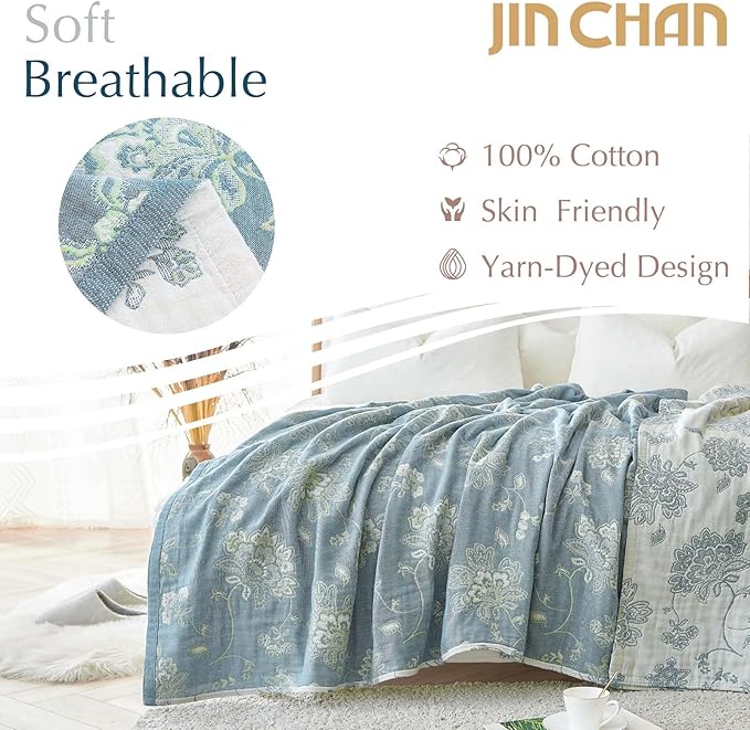 jinchan Boho 100% Cotton Muslin Twin Size 60x80 Inches Blanket Lightweight 4-Layer Quilted Soft Blue and White Floral Throw Blanket Green Accents Reversible Comfy Flower Summer Couch Bedroom Decor
