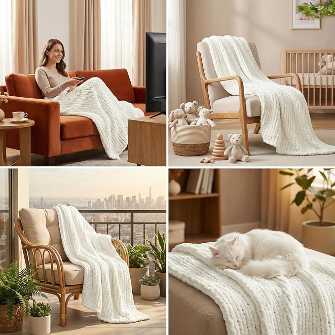 Amélie Home Chunky Knit Throw Blanket for Couch, Soft Chenille Crochet Blanket for Sofa, 60"x80", Ivory
