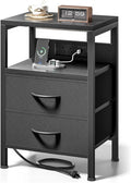 NightStand Bedside Charging Table Bedroom - Night Stand with Charger Station, Modern Nightstand with Open Shelf & 2 Fabric Drawers, Bed Side Table with USB-C Port for Dorm, Black