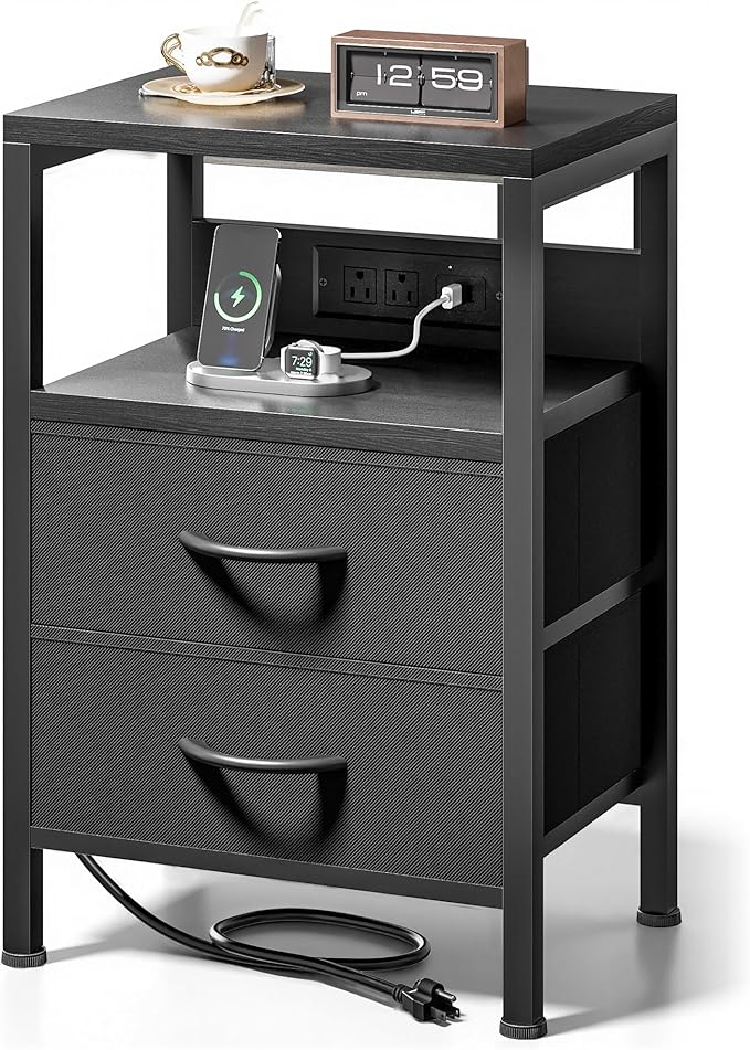 NightStand Bedside Charging Table Bedroom - Night Stand with Charger Station, Modern Nightstand with Open Shelf & 2 Fabric Drawers, Bed Side Table with USB-C Port for Dorm, Black