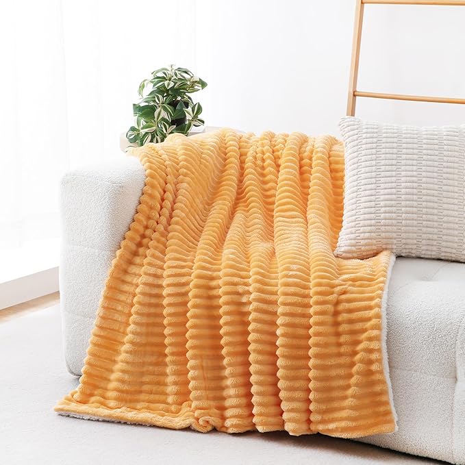 Warm Yellow Sherpa Fleece Throw Blanket 50”×60” for Couch Sofa Bed,Super Soft Cozy Plush Double Side Thick Flannel Blanket with Striped Design Lightweight for Adults,Woman,Girls