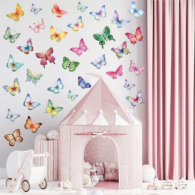 Butterfly Wall Stickers - 8 Sheets 62 Pcs Butterfly Watercolor Wall Decals Peel and Stick Wall Decals for Girls Kids Bedroom Room Nursery Room Décor