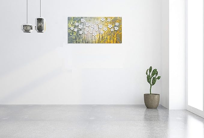 SYGALLERIER White Flower Canvas Wall Art Hand Painted Heavy Textured Paintings Yellow and White Pictures Contemporary Artwork for Living Room Bedroom Dinning Decor