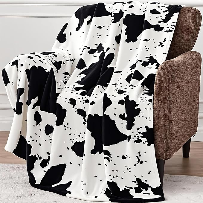Cow Print Blanket, Ultra Soft Cozy Throw for Couch Bed and Travel, Cow Decor Throw Blankets for All Seasons 60"x80" (Black)
