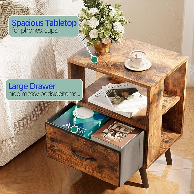 Night Stand, Brown Nightstand with Drawer, Side Table with Open Storage, 2-Tier Modern End Table, Bedside Table for Small Space, Living Room, Bedroom