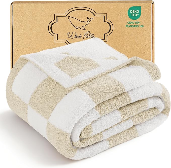 Whale Flotilla Checkered Knit Blanket Queen Size, Ultra Soft Warm Reversible Cozy Decorative Blankets for Couch Sofa and Bed, 90x90 Inch, Camel