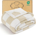 Whale Flotilla Checkered Knit Blanket Queen Size, Ultra Soft Warm Reversible Cozy Decorative Blankets for Couch Sofa and Bed, 90x90 Inch, Camel