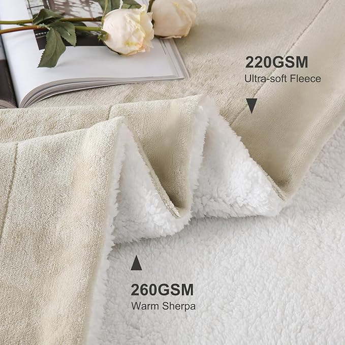 SOCHOW Sherpa Fleece Throw Blanket, Double-Sided Super Soft Luxurious Plush Blanket Twin Size, Linen, 60x80 inches