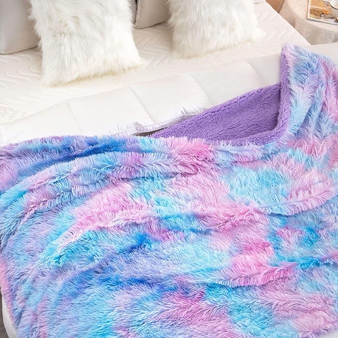 DANGTOP Faux Fur Throw Blanket, Tie Dye Fluffy Blanket, Super Soft Purple Blanket for Girls, Luxury Cozy Warm Plush Thick Sherpa Throws for Bed Couch Living Room (Purple, 59x79 inches)