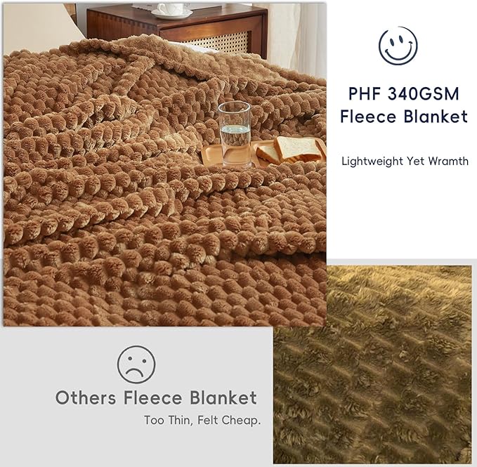 PHF Ultra Soft Flannel Fleece Blanket Queen Size, Lightweight 3D Jacquard Fleece Blanket, No Shedding, No Pilling, Luxury 340GSM Aesthetic Fluffy Cozy for Bed Room Decor, 90"x90", Brown Sugar/Toast