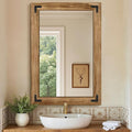 Wooden Bathroom Mirror for Wall, 38"x26" Solid Wood Frame Vanity Mirror, for Farmhouse, Bedroom, Living Room, Entryway Decor, Hangs Vertically or Horizontally