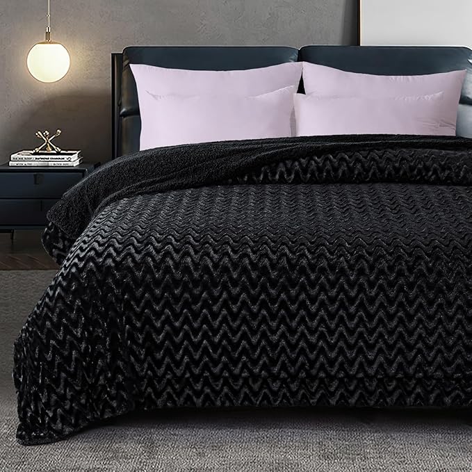 Whale Flotilla Faux Fur Sherpa Twin Size Blanket for Bed, Cozy Reversible Fuzzy Fluffy Plush Blankets for All Season, Warm and Soft, 60x80 Inch, Black