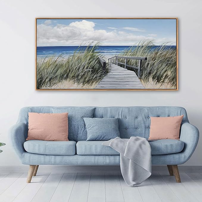 Coastal Wall Art for Living Room - Vintage Farmhouse Landscape Artwork for Walls, Framed Blue Seascape Canvas Decor, Beach Pictures for Bedroom, Ocean Wall Decor Home Decorations 20×40IN