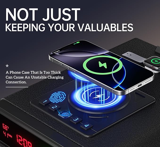 Biometric Smart Gun Safe with Wireless Charging, 3 Quick Access Money Box with Fingerprint - Compact Bedside Drawer Safe, 24/7 Digital Clock handgun safe,Gifts for Men