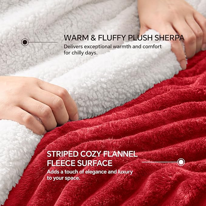INFIIXSO Sherpa Fleece King Size Blanket - Super Soft & Warm Striped Fleece, Cozy Plush Fluffy Large Bed Blanket All Season Use (Red, 104x90 Inches)