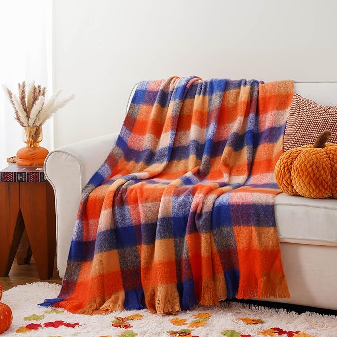 BATTILO Fall Orange Plaid Throw Blanket for Couch, Colorful Mohair Tartan Plaid Blanket, Farmhouse Style Throw Blankets for Fall Home Decor(50"x60")