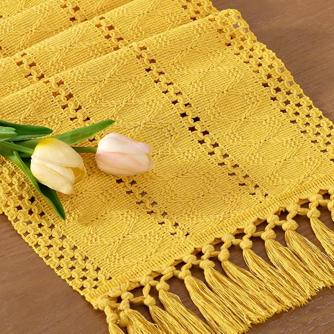 Socomi Boho Table Runner Macrame Long Easter Spring Farmhouse Woven Cotton Linen Rustic Coffee Table Runner with Tassels for Dresser Scarf Home Decor Dining Room 12x108 in Yellow Gold