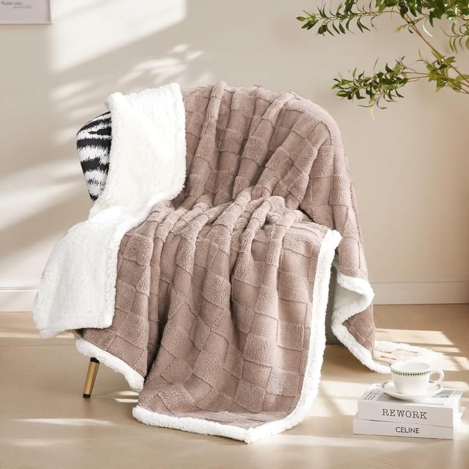 Sherpa Throw Blanket for Couch, Flannel Cozy Soft Thick Blanket for Bed - Fleece, Coffee, 60x80 Inches