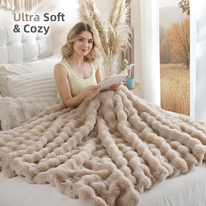 Smoofy Faux Fur Throw Blanket for Couch – Linen Fluffy Cozy Rabbit Fleece, Plush Soft Bubble Blanket for Sofa & Bed, for Mom, Warm Fuzzy Home Room Decor Throw 60" x 80"