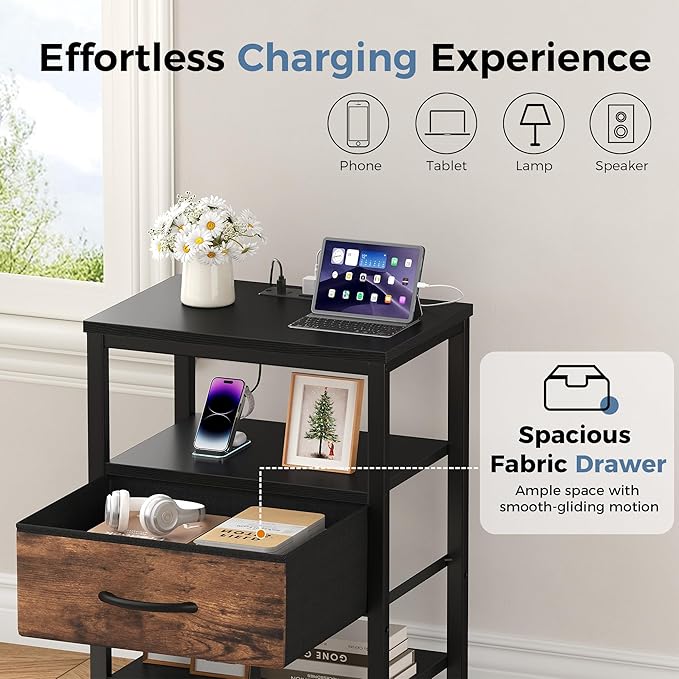 DUMOS Nightstand Set of 2 with Wireless Charging Station Bed Side Tables with Adjustable Fabric Drawers 3-Tier Storage End Tables Modern Design,Black and Brown