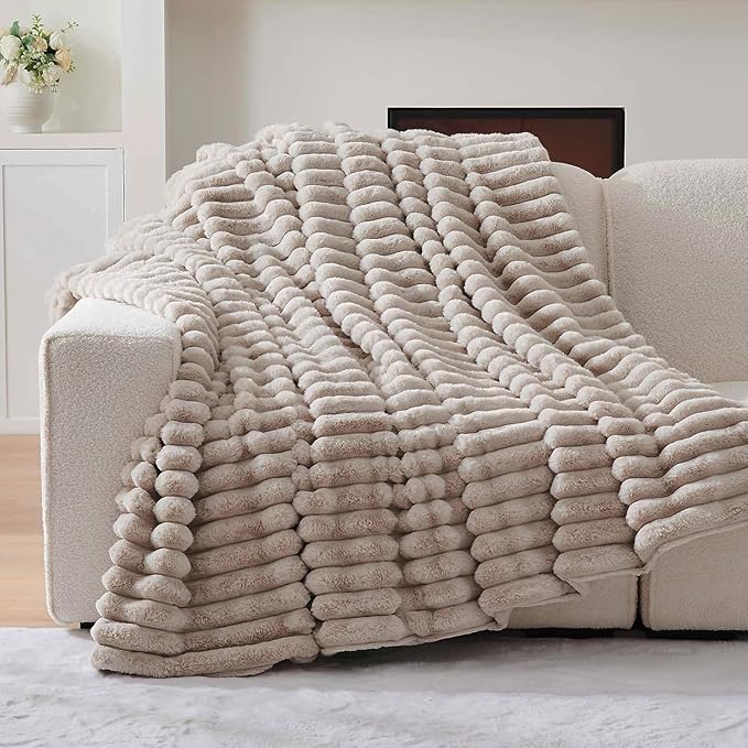 Lotus Karen Faux Fur Twin Blanket for Couch, Cozy Soft Fluffy Fuzzy Linen Blanket, Striped Warm Thick Furry Plush Shaggy Small Blankets for Women, 60x80 Inches