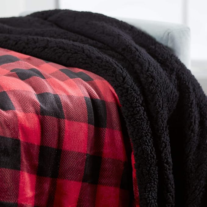 Genteele Sherpa Throw Blanket Super Soft Reversible Ultra Luxurious Plush Blanket, 60 x 70 inches, Buffalo Check Red/Black