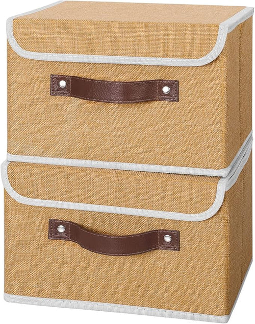 ANMINY 2PCS Storage Bins with Lid PU Leather Handles Storage Boxes PP Plastic Board Decorative Foldable Lidded Cotton Linen Fabric Home Cubes Baskets Closet Organizer Containers - Khaki, Small Size