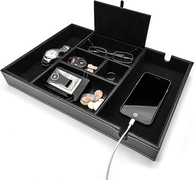 ULTRAY, Valet Tray for Men, Nightstand Organizer, Entry Table Organizer, Catch All, Black Faux Leather Box, 6 Compartments