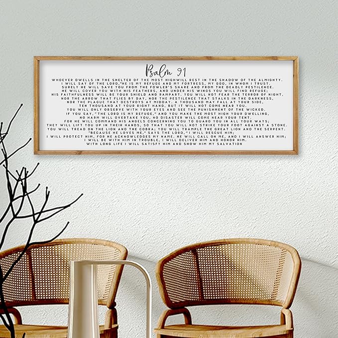 comurdyo Psalm 91 Wall Art Decor 32"X12" Christian Bible Verse Prayer Sign for Large Vintage Farmhouse Wood Framed Minimalist Family Living Room Wall Plaque Horizontal Hanging Decor (Wood)