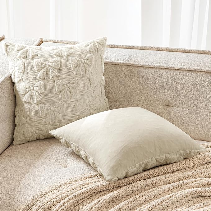 MIULEE Beige Bow Pillow Covers Coquette Room Decor Aesthetic Set of 2 Spring Decorative Cute Girl Soft Plush Faux Pillowcase for Preppy Room Decor Bedroom Couch,18x18 Inch