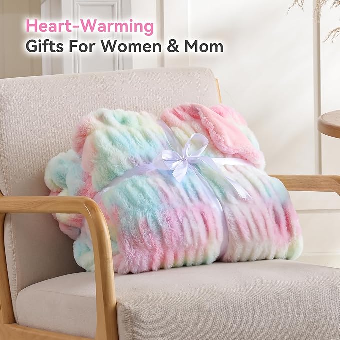 Smoofy Rainbow Throw Blanket for Couch – Ultra Soft Cozy Plush Fluffy Blanket with Faux Rabbit Fur, Fuzzy Lightweight Fleece for Sofa, Bed & Office, Gift for Women, Home Room Decor Throw 60"x 80"