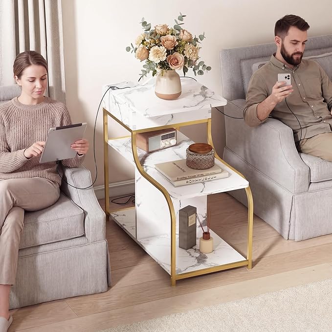 End Table with Charging Station, 3-Tier Sofa Side Table Sliding Top for Living Room, Bedside Table with Storage, Modern Curved Frame Accent Sofa Nightstand for Small Spaces Apartment, Gold & White
