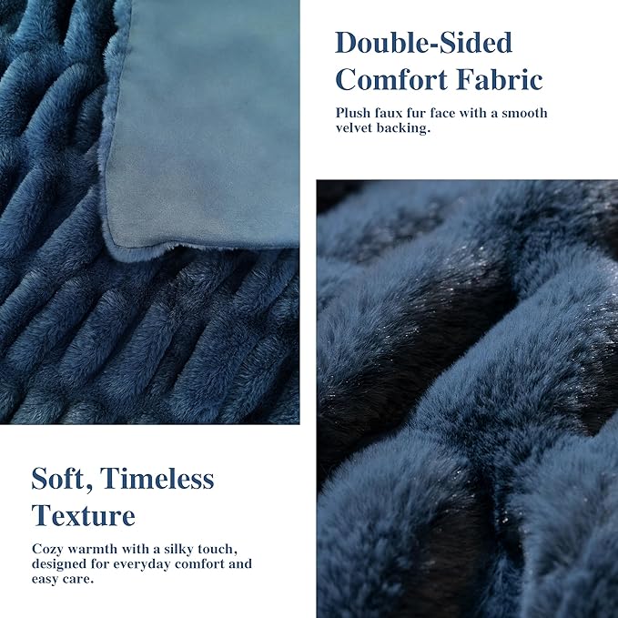 Faux Fur Blanket, Twin Size Oversized Throw Blanket for Couch, Fluffy Blanket with Stretch Ruched Design, Ultra Soft Giftable Home Decor, 60x80 inches, Blue