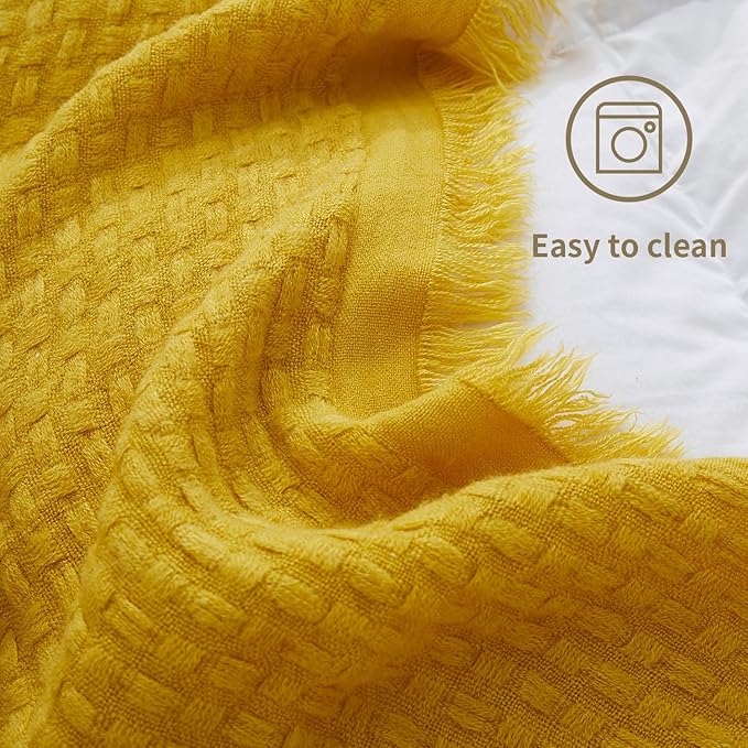 100% Acrylic Decorative Knitted Throw Blanket with Tassels for Bed, Couch, Small, Sofa, Lightweight, Soft, Cozy, Waffle Textured Blanket, Suitable for Spring, Summer, Yellow, 50"x60"