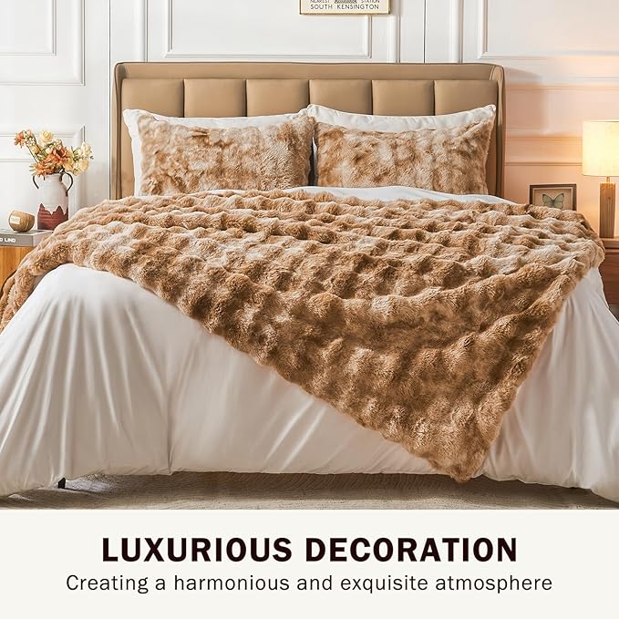 EMME Faux Fur Throw Blanket Tie Dye Brown - Big Bubble Rabbit Cozy Blanket for Couch, Small Fluffy Fuzzy Cozy Blanket, Thick Furry Plush Shaggy Blankets, 650GSM, 50x60 Inches