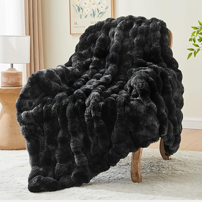 BEDELITE Faux Fur Throw Blanket for Couch, Decorative Tie-Dye Black Plush Bubble Blanket - Super Soft & Cozy Fluffy Faux Rabbit Fur Blanket for Women Gift, 50x60 Inches
