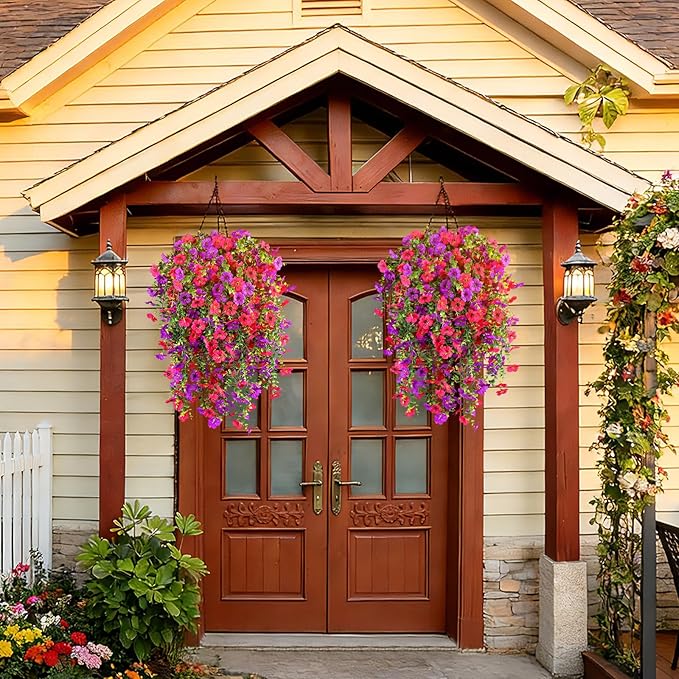 Artificial Flowers for Outdoors Spring Decor, 6 Bundles UV Resistant Realistic Fuax Silk Hanging Flowers, Fake Plants for Planter Indoor Outside Garden Porch Patio Balcony Yard(Fuchsia Purple)