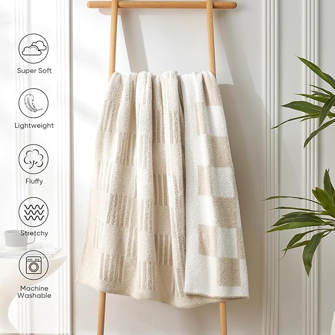 Snuggle Sac Cream Checkered Throw Blanket,Fluffy Faux Fur Reversible Soft Microfiber Warm Throw Blankets for Couch, Sofa,Travel,Cute Lightweight Striped Throws for Women, Heather Cream, 50x60 inches