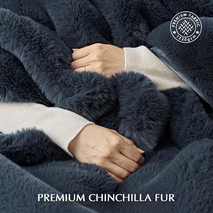EVERGRACEHOME Luxury Soft Faux Chinchilla Fur Throw Blanket for Couch, Warm Thick Heavy Winter Throw Blanket 1220GSM for Bed, Fluffy Cozy Mink Blanket with Reversible Velvet, Stormy Blue Mink, 50"x60"