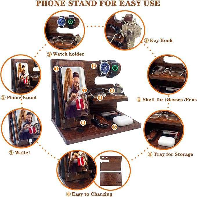 Gifts for Men Boyfriend Him Brother Nightstand Organizer Gifts for Dad from Daughter Son Wood Phone Docking Station Anniversary Birthday Gifts (Walnut)